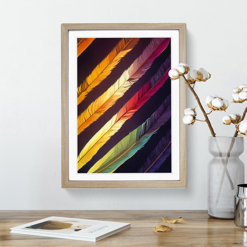 Feather Stripes - Single Picture Frame Painting, 64cm H x 46cm W x 2cm D, Oak