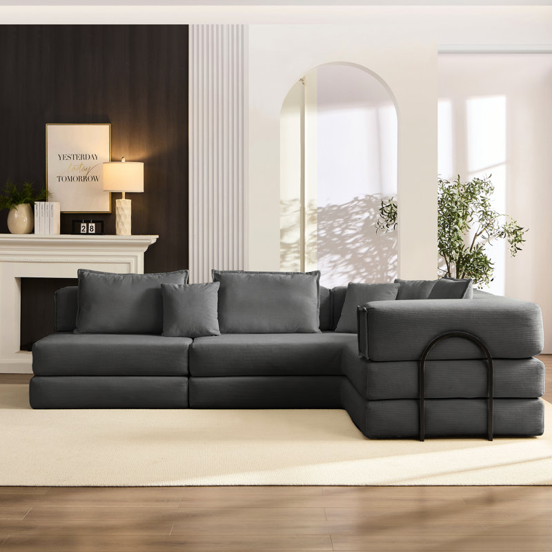 Canapé gris en forme de L 118,2 po, gris foncé, 6 coussins, assise confortable, installation rapide, canapé gris en forme de salon avec décoration pour la maison