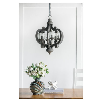 Antique Gray Carved MDF 6-Light Chandelier with Clear Glass Covers