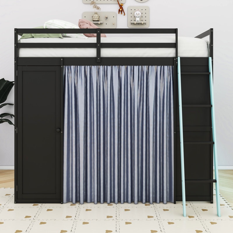Lit mezzanine double en bois avec poste de travail intégré, garde-robe et éclairage personnalisable, Noir / Bleu
