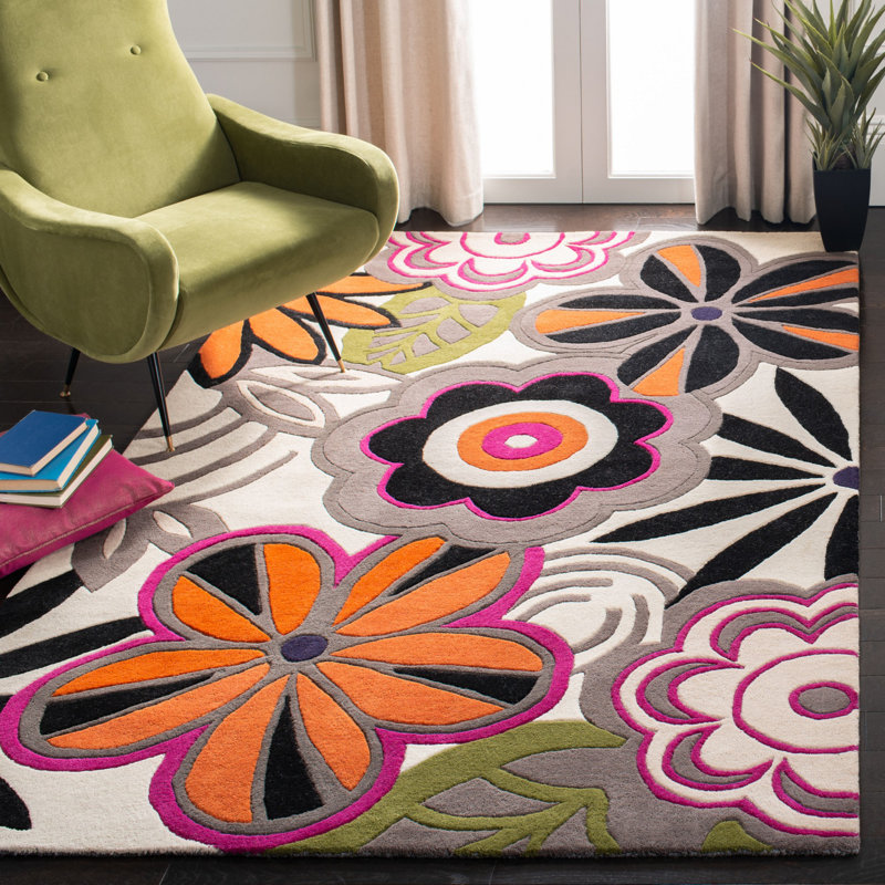 Tapis noir / orange en laine touffeté à la main Clovill, Rectangle 7 pi 6 po x 9 pi 6 po