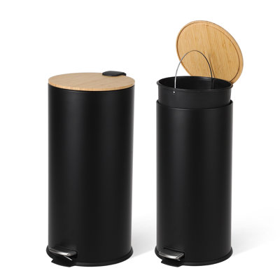 8 Gallon (30L) Stainless Steel Step Trash Can with Soft-Close Bamboo Lid and Removable Inner Bucket, Fingerprint-Resistant Finish, Durable and Stylish Waste Bin