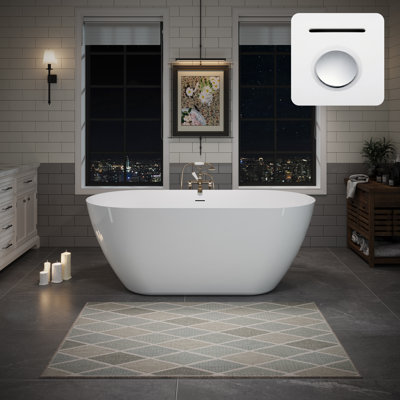 55.12 Inch Acrylic Freestanding Bathtub 55.12 x 28.74 x 22.83 Inch 1 Piece Oval Deep Soaking Stand Alone Tub with Overflow Pop-Up Drain Glossy White