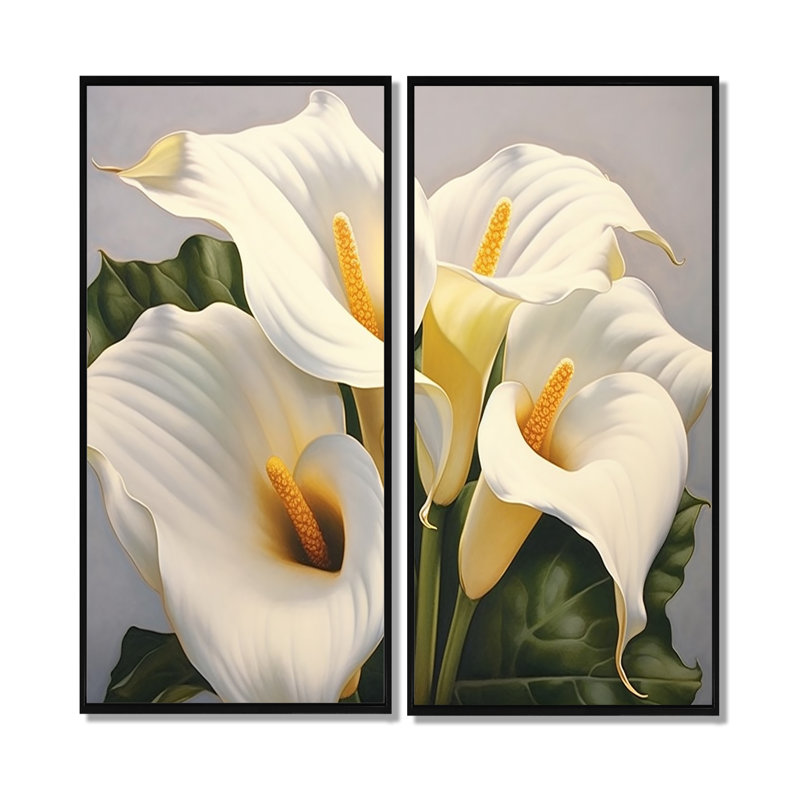 Sérénade lys blanc blanc - art mural blanc 2 panneaux, 32" H x 32" W, Impression encadrée flottante, Black