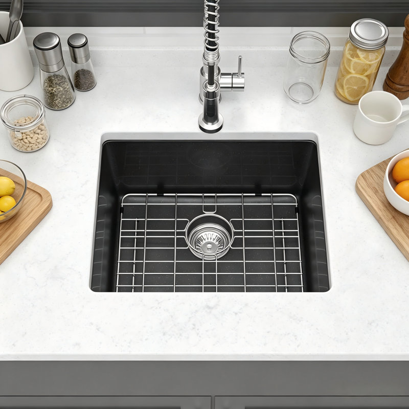 Black Granite Composite Quartz Sink, Embedded Design Under The Table, Suitable For Installation And Use In Kitchen Bar Counter