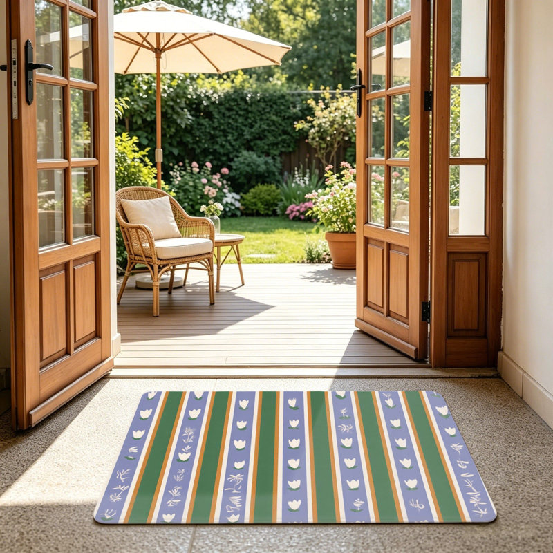 Paillasson vert et mauve rayé 24 po x 36 po pour l'extérieur et l'intérieur