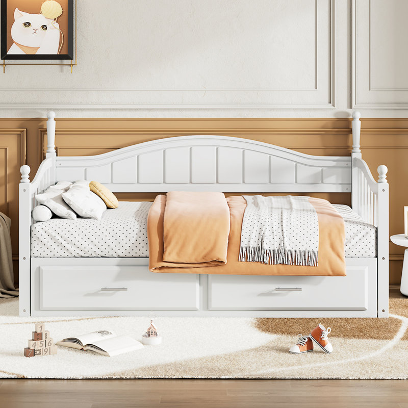 Wooden Twin Size Daybed with Twin Size Trundle, Extendable Daybed with Two Storage Drawers, White