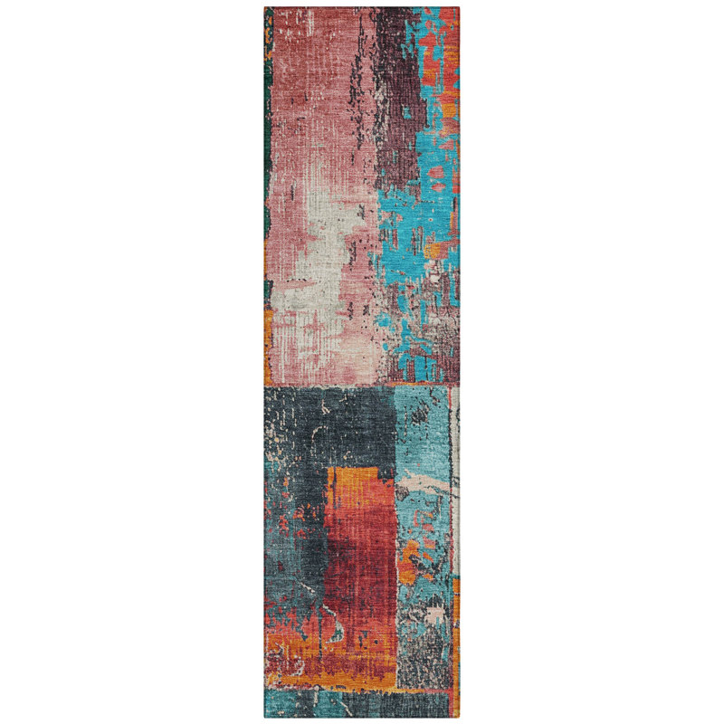 Machine Washable Indoor/Outdoor Xhevrie Teal Rug, Runner 2'3" x 7'6" 