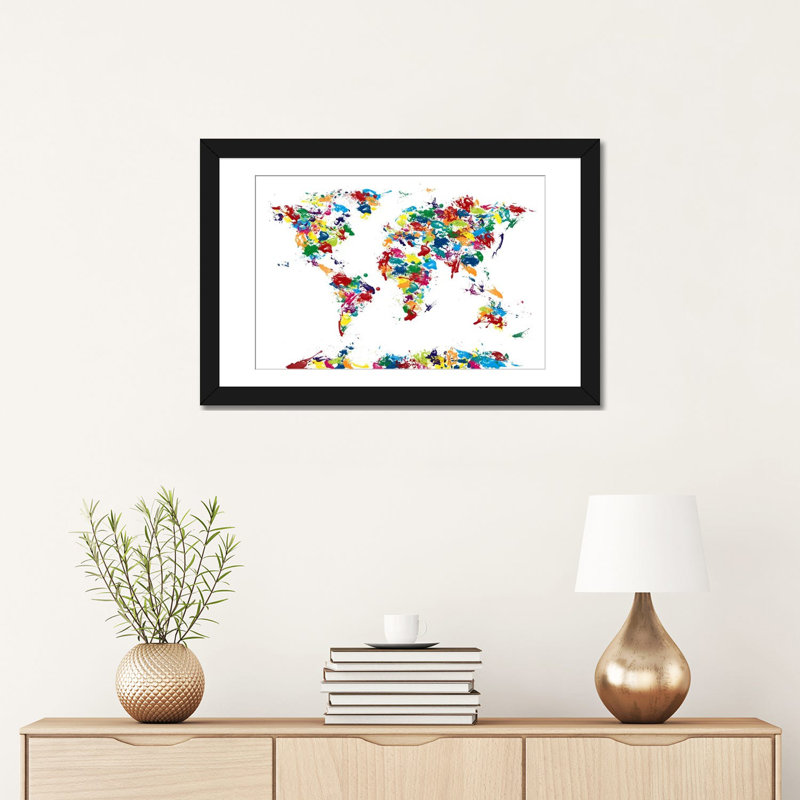«World Map Paint Drops», impression sur toile, H 16 po x l 24 po x P 1 po, Papier d'art encadré noir, Blanc