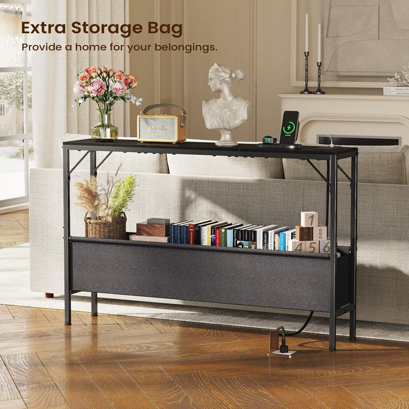 Console Tables With Charging Station And Storage Basket, 47.2'' Entryway Table Narrow With Power Outlets USB Ports, Couch Table Behind Sofa, Hallway Table For Foyer, Living Room, Black