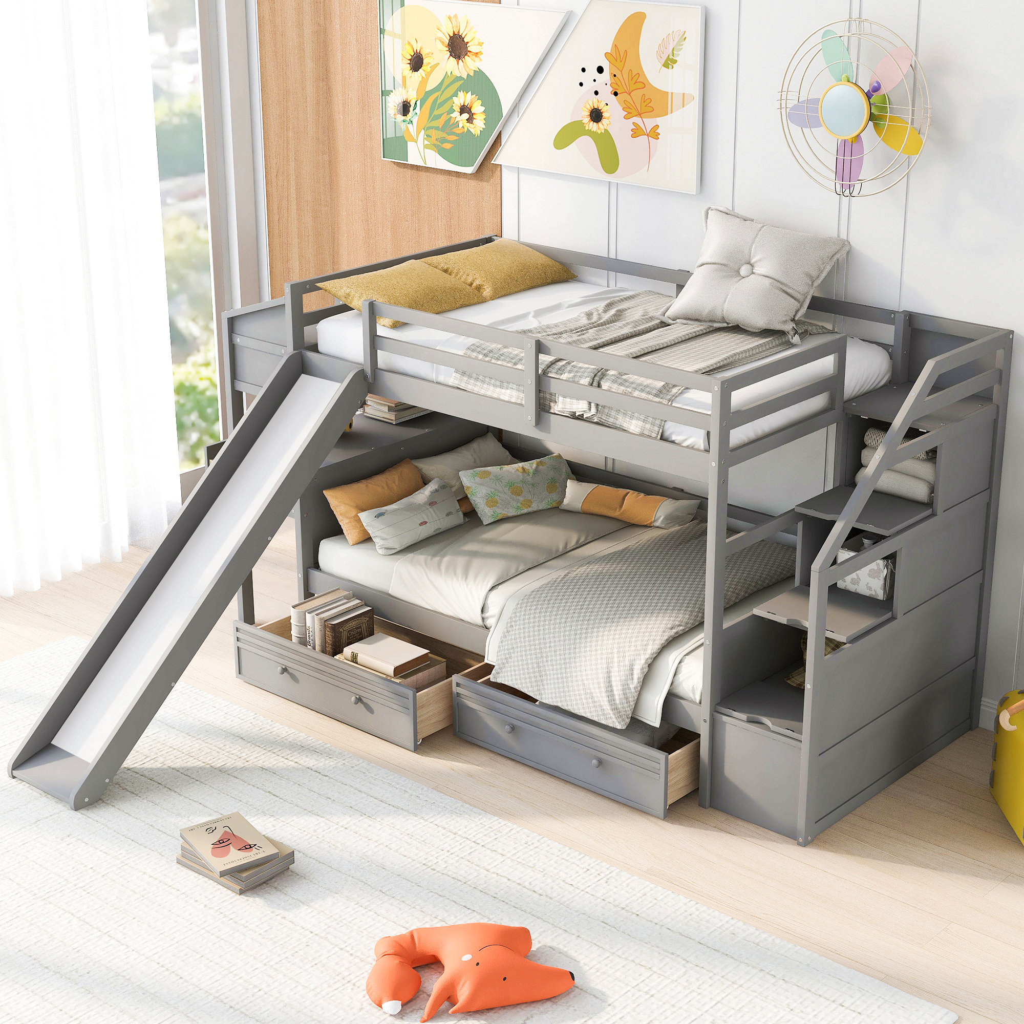 Harriet Bee Twin Over Twin Bunk Bed With Storage Staircase, Slide And ...