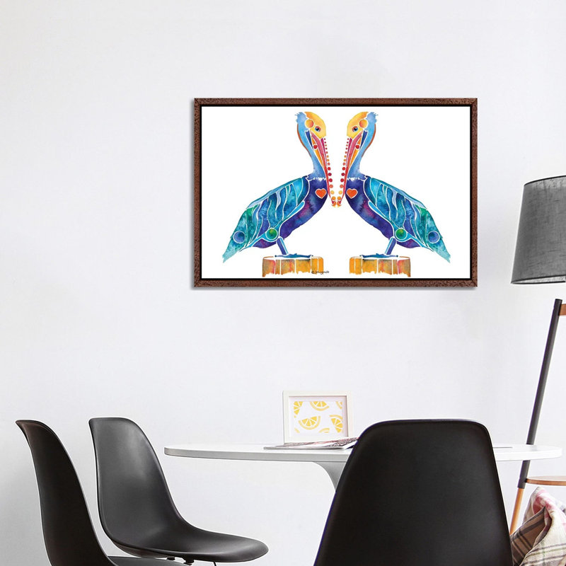 Pelican Seashore by Jo Lynch - Painting on Canvas, 101.6 cm H x 66.04 cm W, Classic Brown Wood Framed