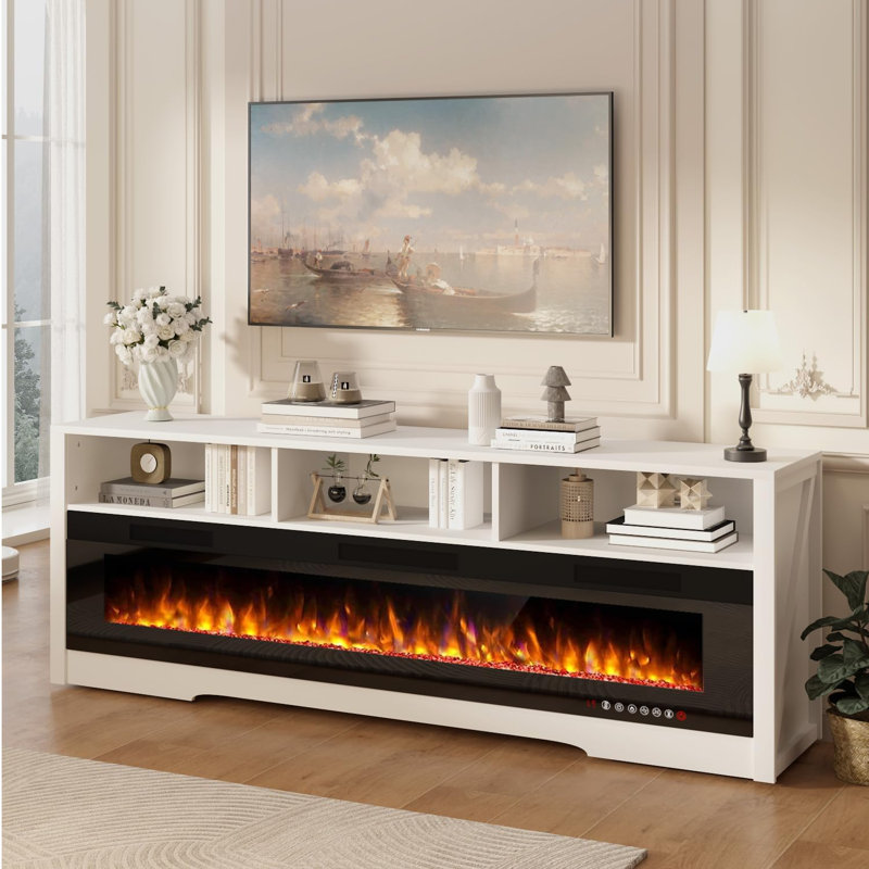 Meuble télé pour téléviseur de 75 po ou moins Alazik avec foyer inclus, Blanc