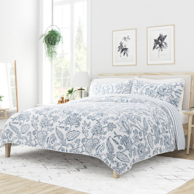 Becky Cameron Dusk Blue Floral Stripe Reversible Quilt Set