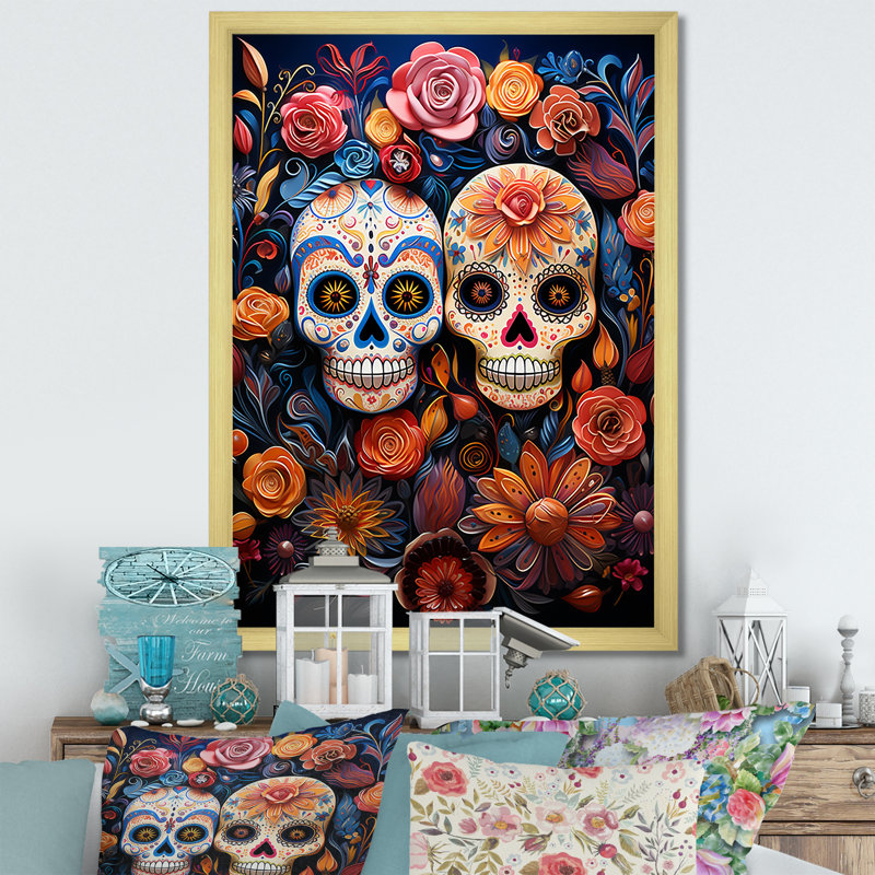 Art mexicain, jour des morts 4 - Art mural mexicain, Cadre doré simple, H 40 po x l 30 po x P 1,5 po