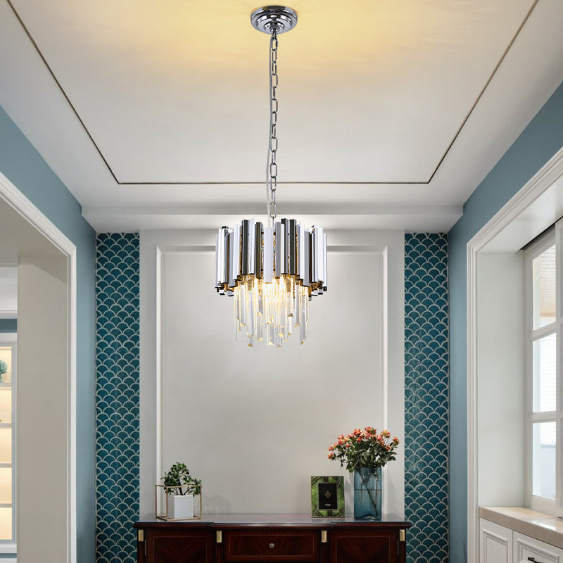 1-Light Modern Chrome Round Crystal Chandelier, 12 Inches in Diameter, Adjustable Height