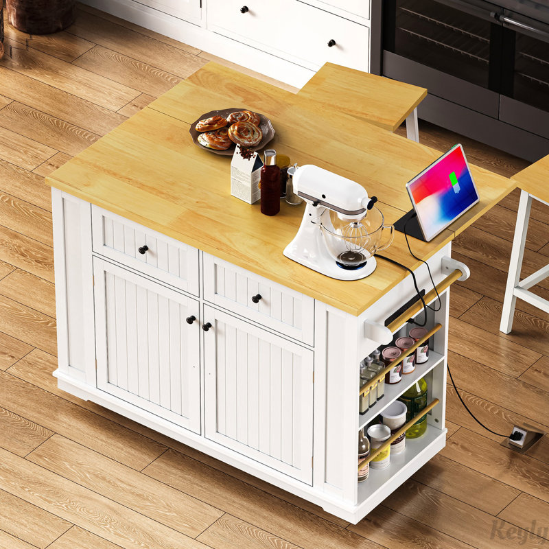 Chariot de rangement roulant pour cuisine avec abattant, prise de courant et 5 supports latéraux ouverts, Blanc
