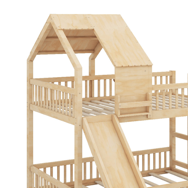 Lit superposé avec glissade et échelle intégrée, structure de lit superposé avec plancher en bois et support de lattes