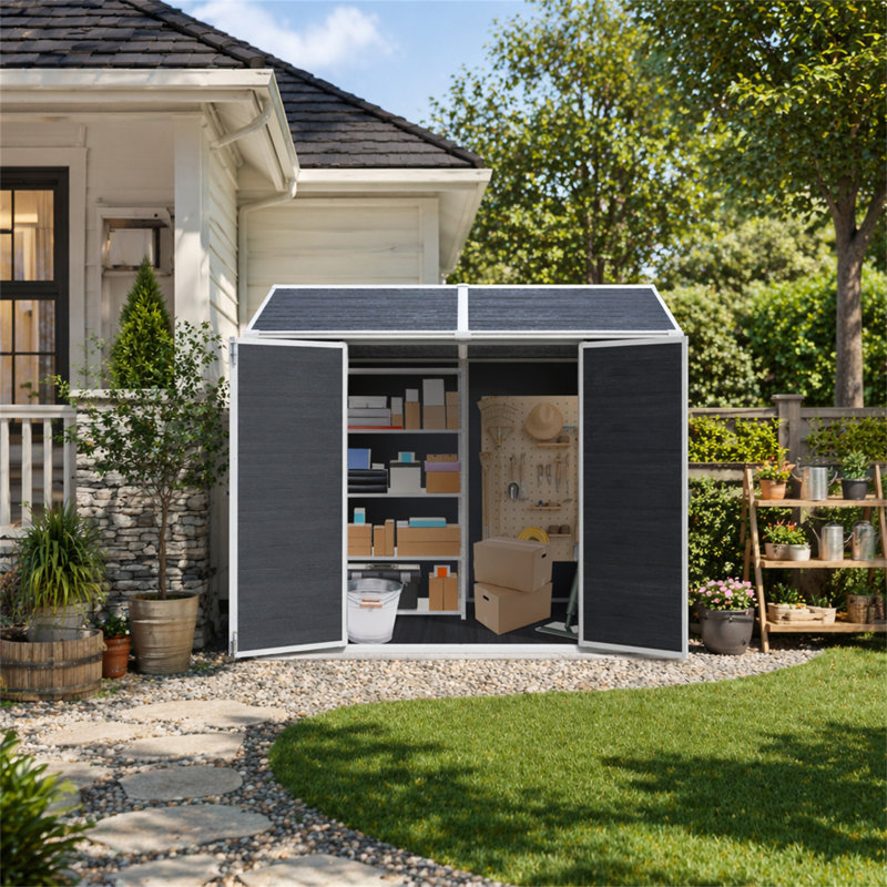 Remise de rangement extérieure en résine 8 x 6 pi imperméable avec plancher, deux fenêtres et une porte verrouillable