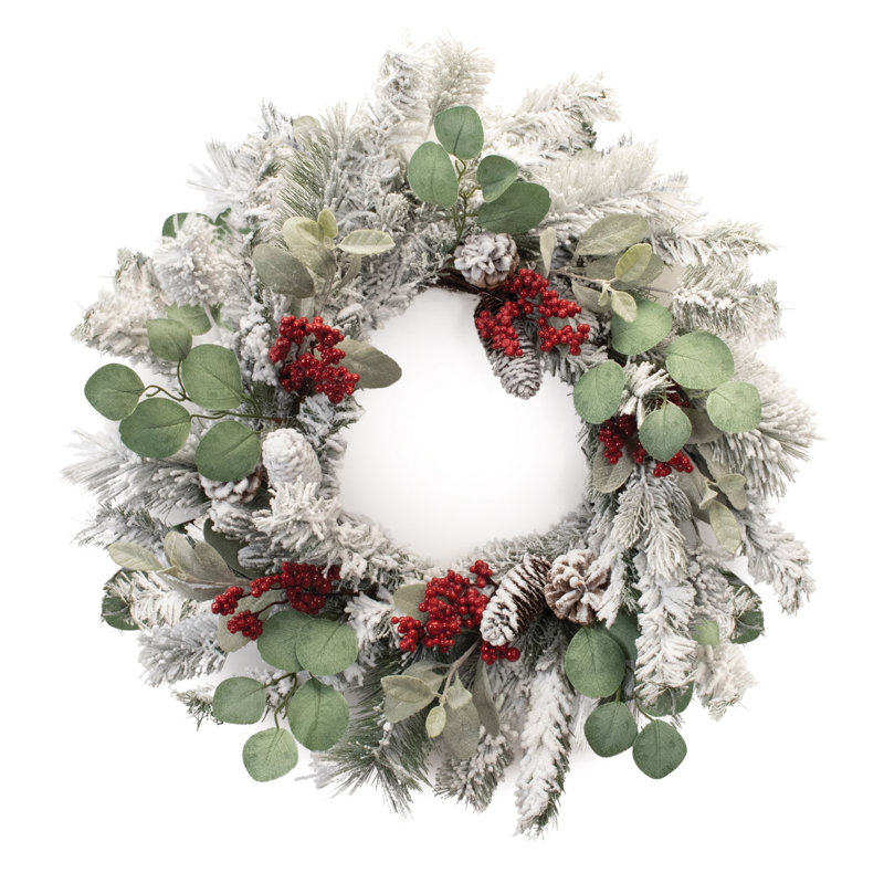 Couronne de pin floquée Eucalyptus Berry 28 po