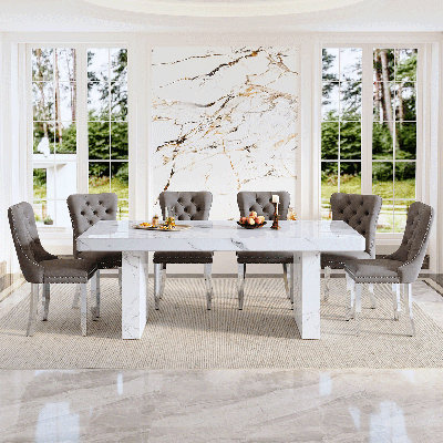 79" Large Marble Patterned Dining Table Set For 6, Modern Rectangular Kitchen & Dining Room Set With Velvet Upholstered Chairs & Metal Legs, Luxury Dining Table And Chairs Set