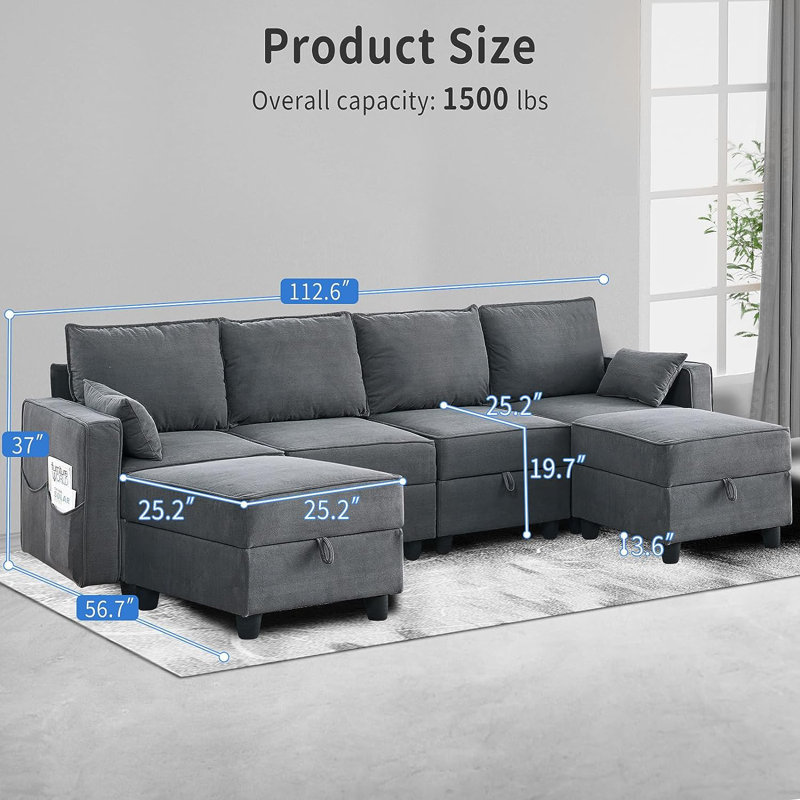 Canapé modulaire rembourré 6 pièces Kenda, Velours côtelé gris foncé