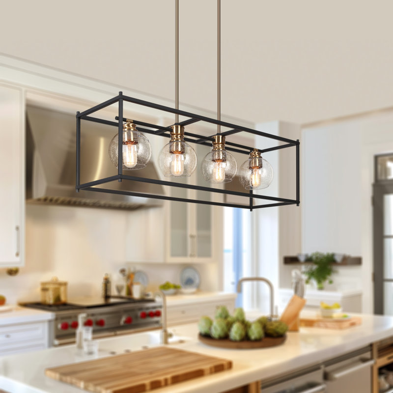 Jorinde 4-Light Modern Farmhouse Rectangle Black Metal  Chandelier with Seeded Glass Shade