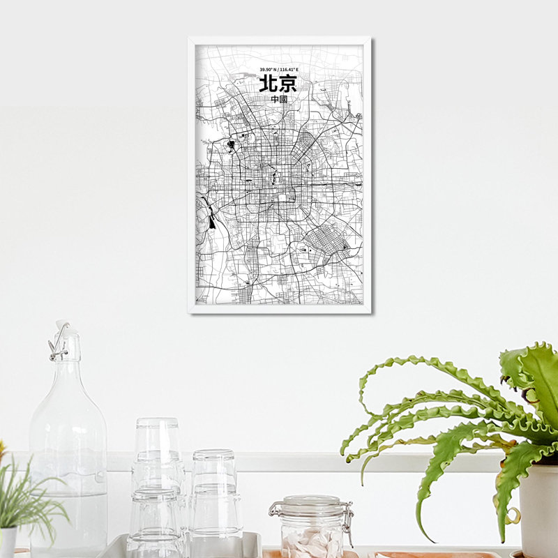 Pékin (chinois traditionnel), impression de carte de la ville, H 17 po x l 11 po, Noir / blanc