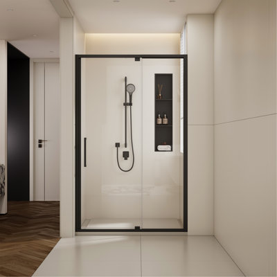 44-48" W X 72" H Scalable Adjustable Frame Shower Door With 1/4"(6Mm) Clear SGCC Tempered Glass,Transparent Safety Film For Glass,Aluminium Alloy Matte Black Finish ,Reversible Installation