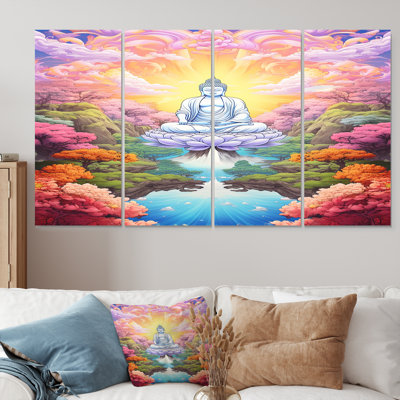 Bouddha blanc dans un jardin pastel céleste I - ensemble d'art mural bouddhiste 4 pièces