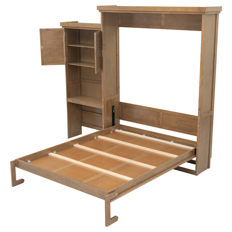 Grand lit escamotable en bois - Lit rabattable peu encombrant avec décor à persiennes et tablettes de rangement multifonction