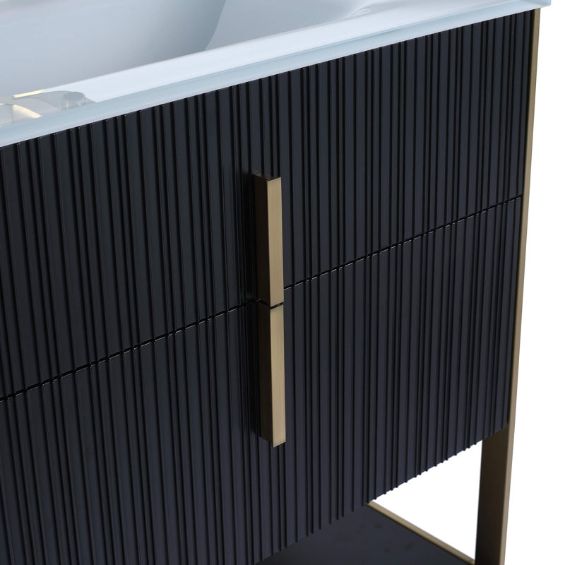Meuble-lavabo simple avec plateau en verre Millisa, Laiton satiné, Blanc mat, 36"