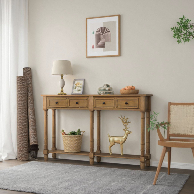Buffet de 58 po de largeur à 2 tiroirs, buffet rétro avec tablette inférieure, Bois ancien