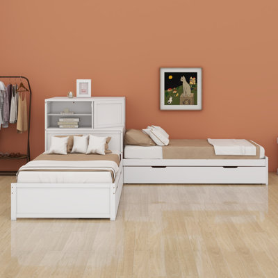 L-Shaped Combination Bed With Trundle And Drawer,3-In-1 Low Corner Platform Bed Linked