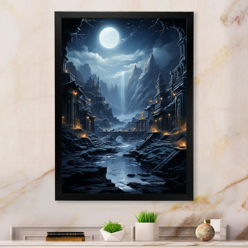 Moonlit Cliffside Mistery Landscape II - lune, art mural, Cadre flottant noir, H 20 po x l 12 po x P 1 po