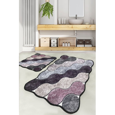 Antibacterial Bathmat Set (2 Pieces), Purple, Grey & Lilac | 100% Polyester, 23.6 x 39.4 inches & 19.7 x 23.6 inches | Non-Slip Underside, 0.4 in Pile Height | Machine Washable, Perfect for Bathroom Comfort & Safety