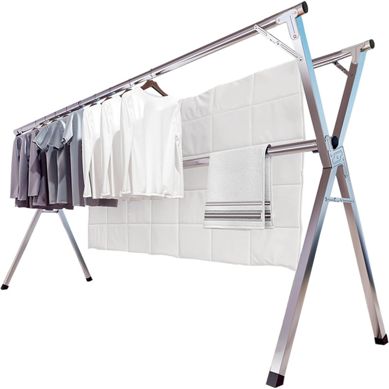 Séchoir à vêtements de 79 pouces, séchoir à vêtements pliant pour l'intérieur et l'extérieur, support à linge robuste en acier inoxydable, grand support à vêtements pliable et portable avec 20 crochets coupe-vent