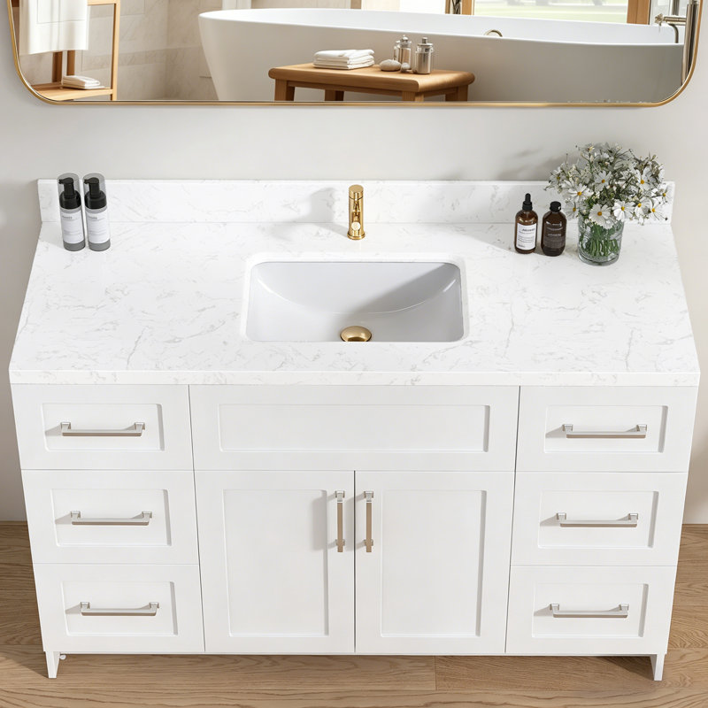 Dessus de meuble-lavabo à dossier rectangulaire l 54 po x H 4 po en pierre reconstituée blanc Carrara
