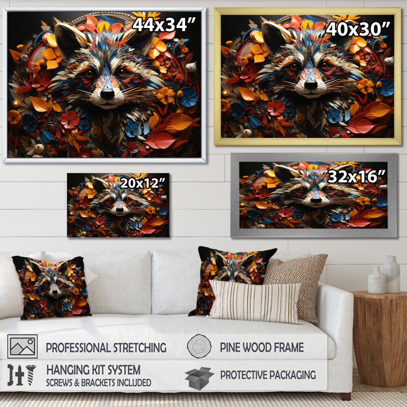 Curious Raccoon Collage III sur toile, H 30 po x l 40 po x P 1,5 po, Cadre doré à une seule photo