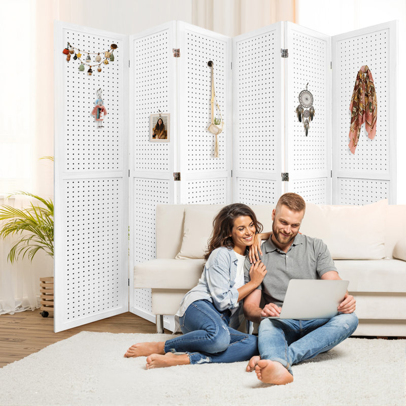 Natural Wood 6-Panel Folding Pegboard Room Divider