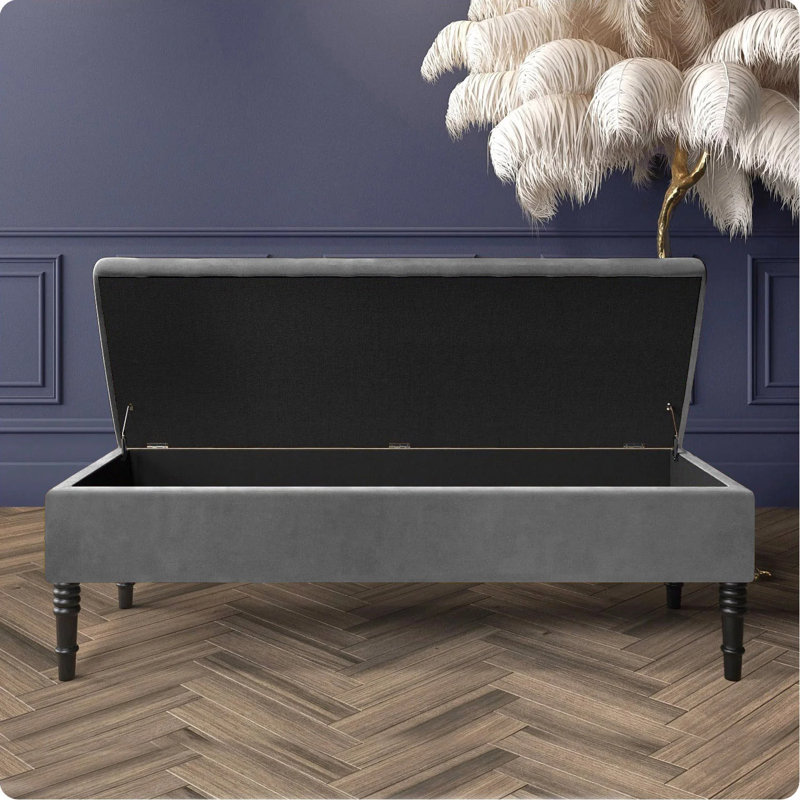 Safar Plain Upholstered Plush Velvet Ottoman Storage Bench with Black Turned Wooden Legs, Grey, 40cm H x 137cm W x 40cm D
