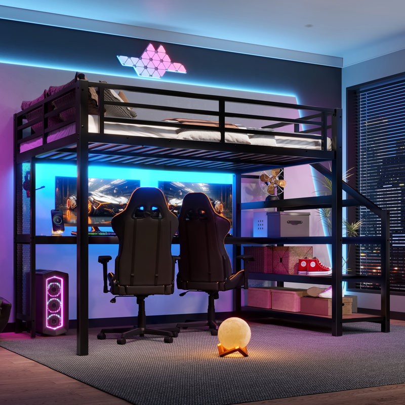 Full Loft Bed with Desk & Storage Stairs, Metal Frame, LED Lights, USB Ports, Noise-Free, Space-Saving, Black, Full