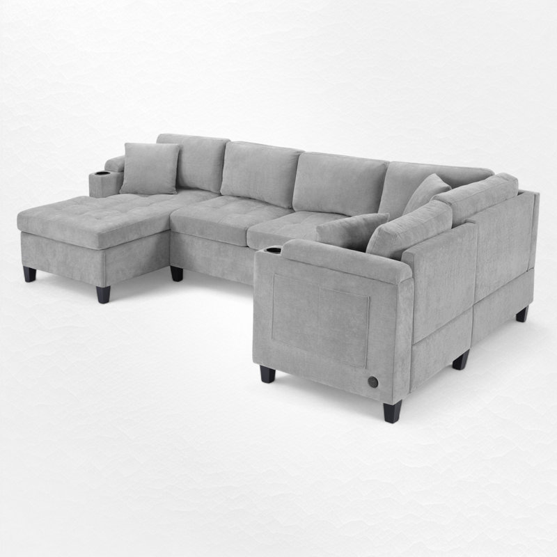 U-Shaped Sectional Sofa With Storage And USB Ports, Light Gray Chenille