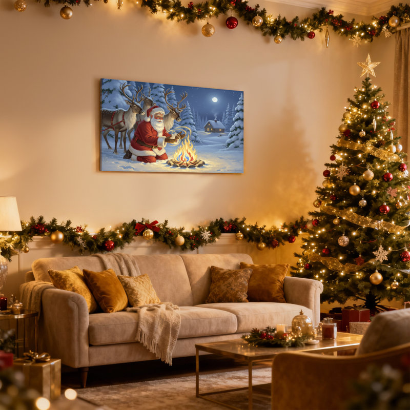 Noël, père Noël, renne, feu de camp, nuit d'hiver, ensemble de 3 impressions sur toile, H 12 po x l 18 po