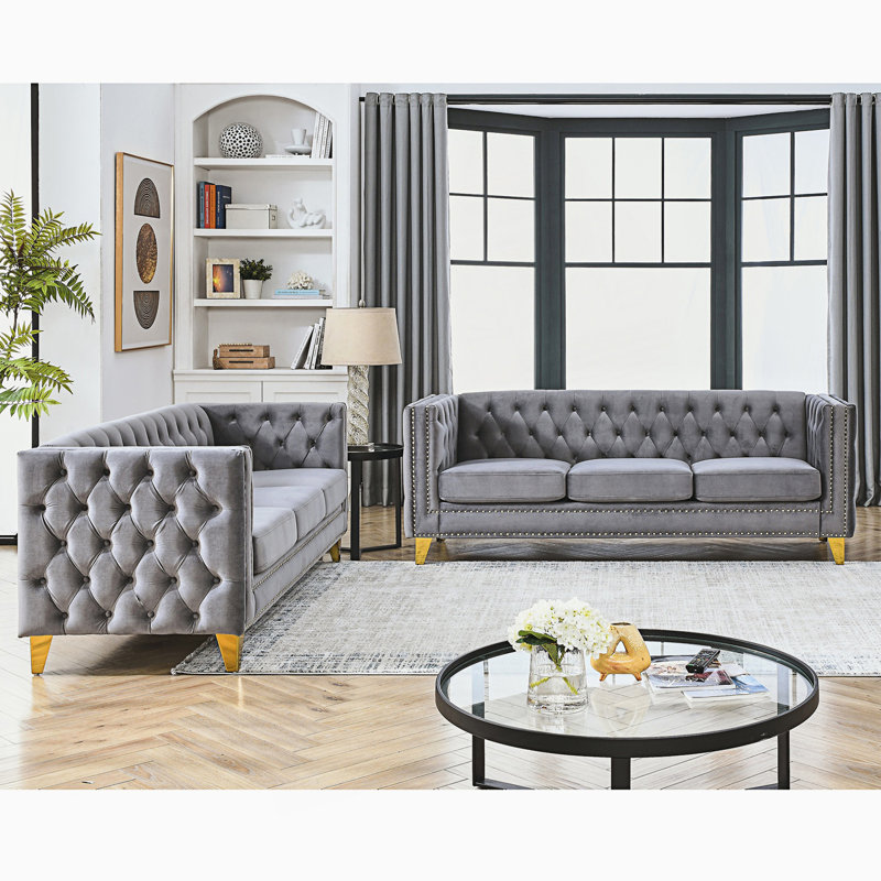 Contemporary Button Tufted Sofa With Square Arm, 2Pcs Couch, Gray