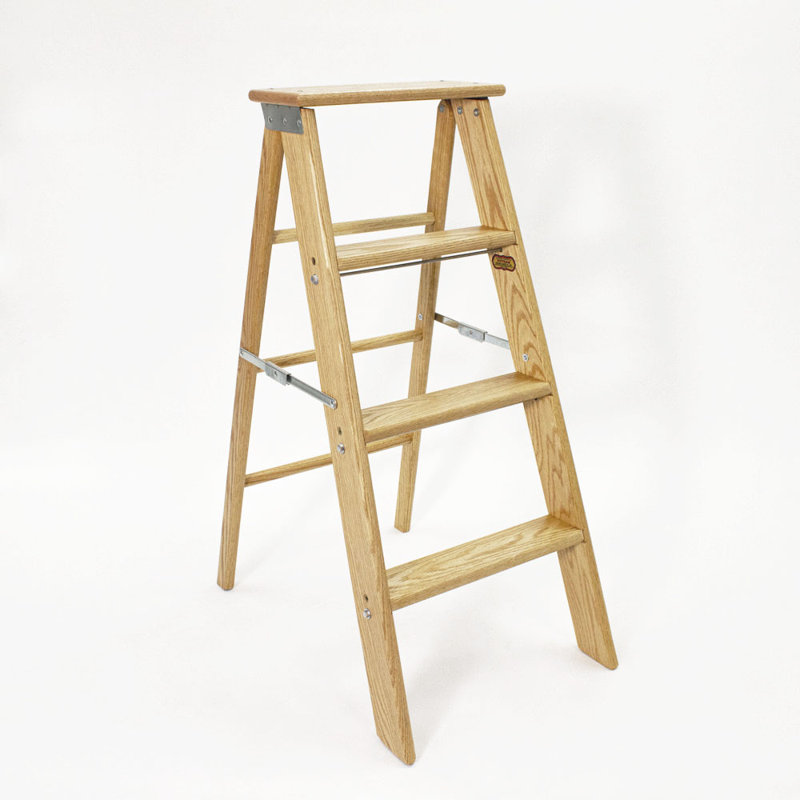 36" Red Oak 3-Step Foldable Rolling Ladder