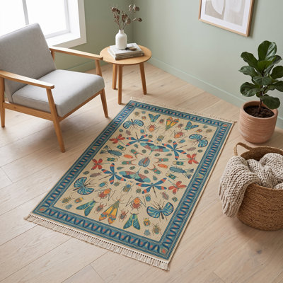Natural Bug & Insect Botanical Border Area Rug