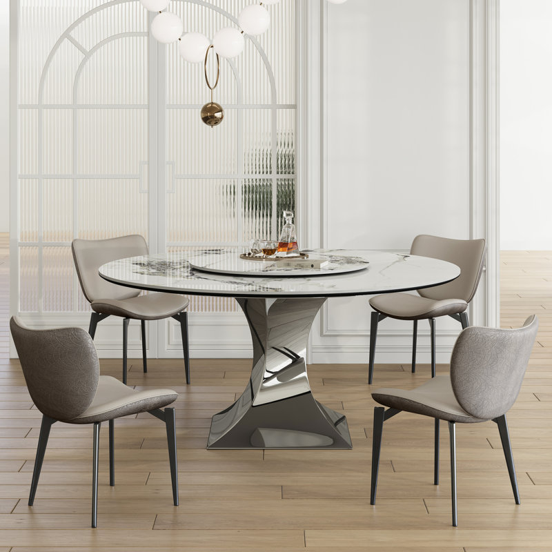 Table de salle à manger de 59 po en pierre frittée 59 po avec 8 chaises, base en acier inoxydable, stable pour une utilisation à long terme avec des chaises rembourrées grises, conception moderne pour 6 personnes, surface d'usure