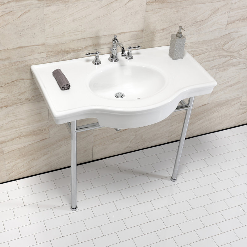 Lavabo de salle de bain console en céramique avec trop-plein, Blanc / chrome poli