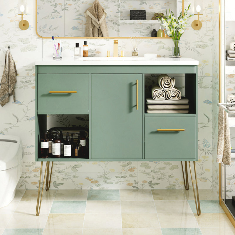 Ensemble de meuble-lavabo 36 po avec lavabo en résine, meuble-lavabo simple autoportant moderne avec 2 tiroirs et 2 compartiments de rangement, meuble de rangement pour salle de bain, ensemble de meuble-lavabo avec cadre en bois massif